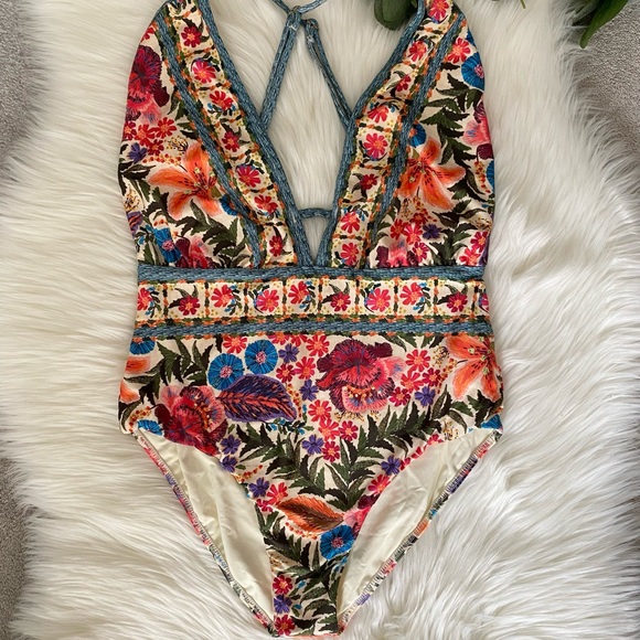 Farm Rio Anthropologie Floral Plunge One-Piece Swimsuit - Picture 6 of 10